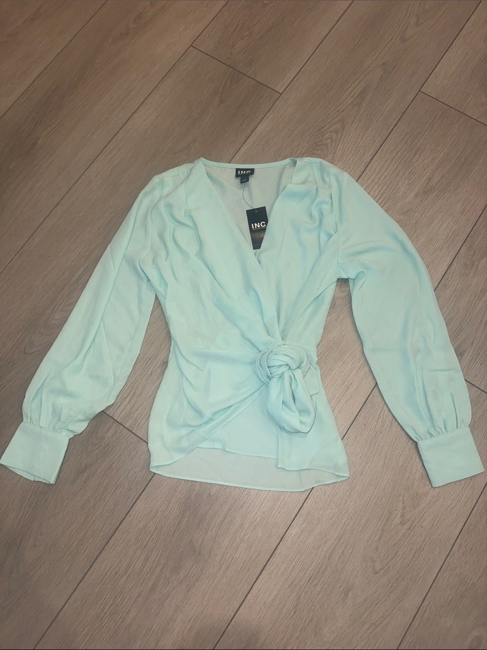 INC International Concepts Light Mint Wrap Blouse with Side Knot